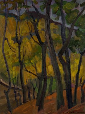 Makrinitsa Trees in Autumn — Oil painting, Fiberboard, 30.00×40.00cm — Theodoros Markellos